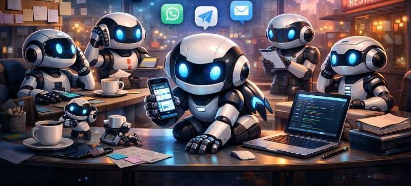 LLM-generated image of shiny bots with mobile phones